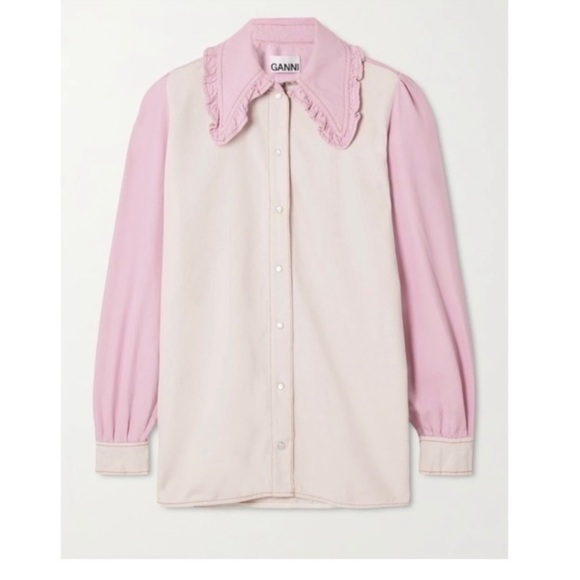Ganni Ruffled Two-Tone Lilac Lavender organic Denim Shirt Jacket Shacked BNWT - Picture 6 of 12